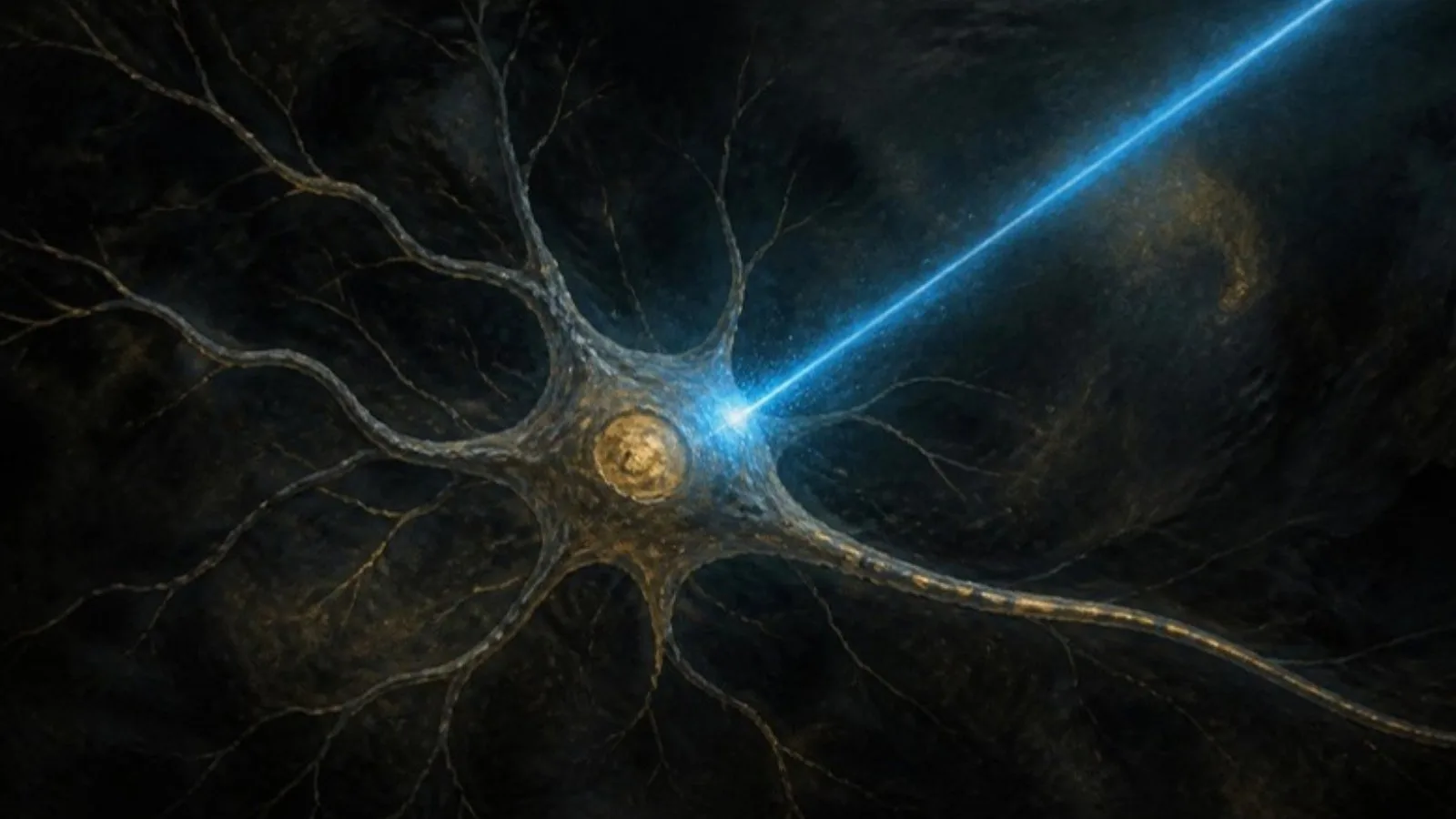 Neurona iluminada por un haz de luz azul