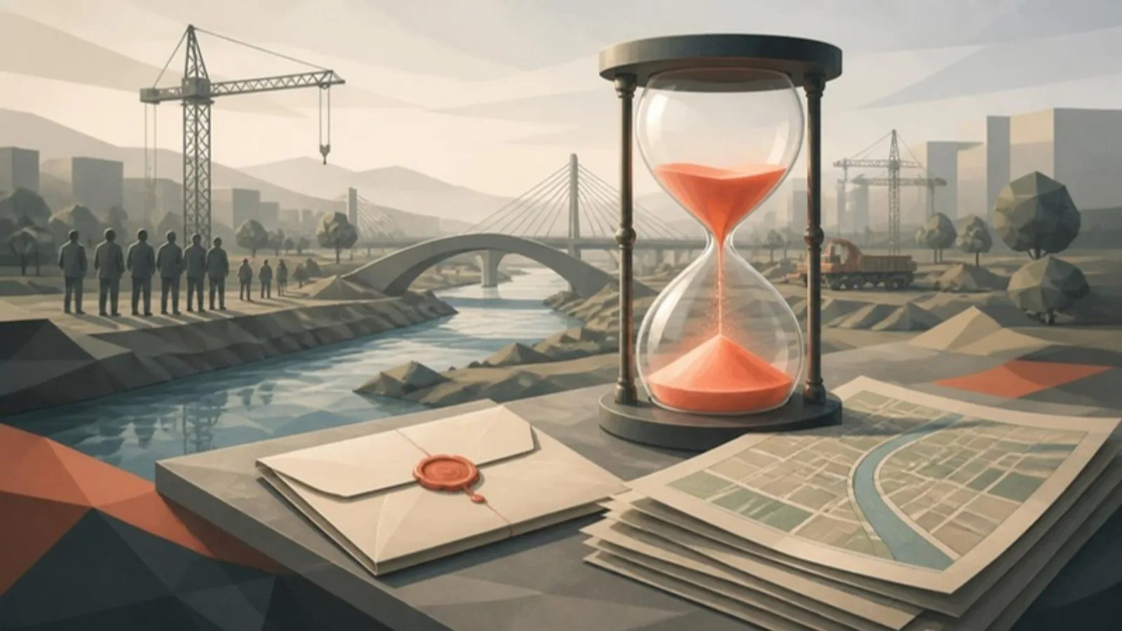 Un reloj de arena con arena coral junto a un cauce en reconstrucción con grúas y puentes nuevos, un sobre lacrado y planos de parcelas en primer plano