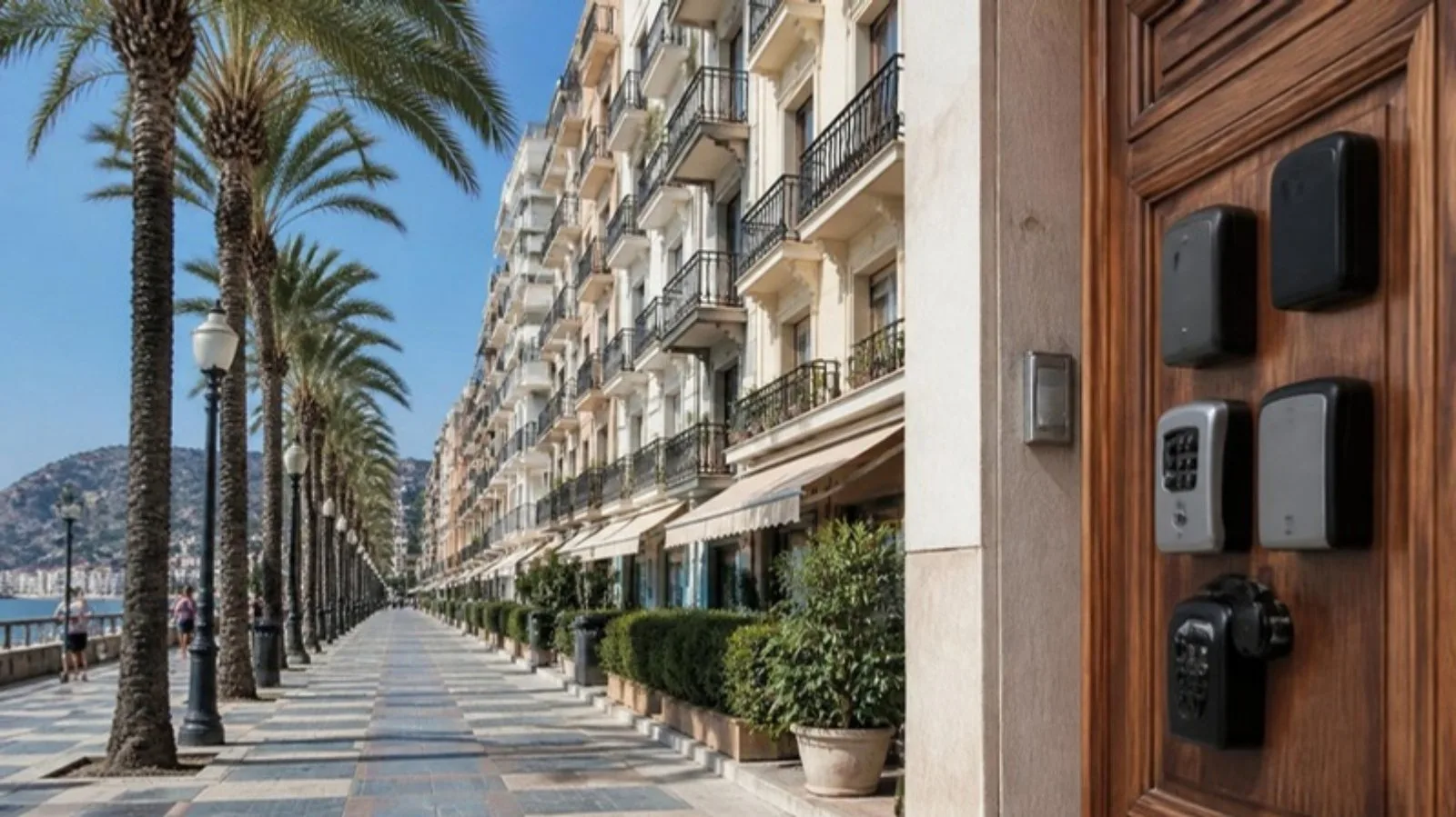Edificios de apartamentos frente al paseo marítimo de Alicante con cajas de llaves en un portal