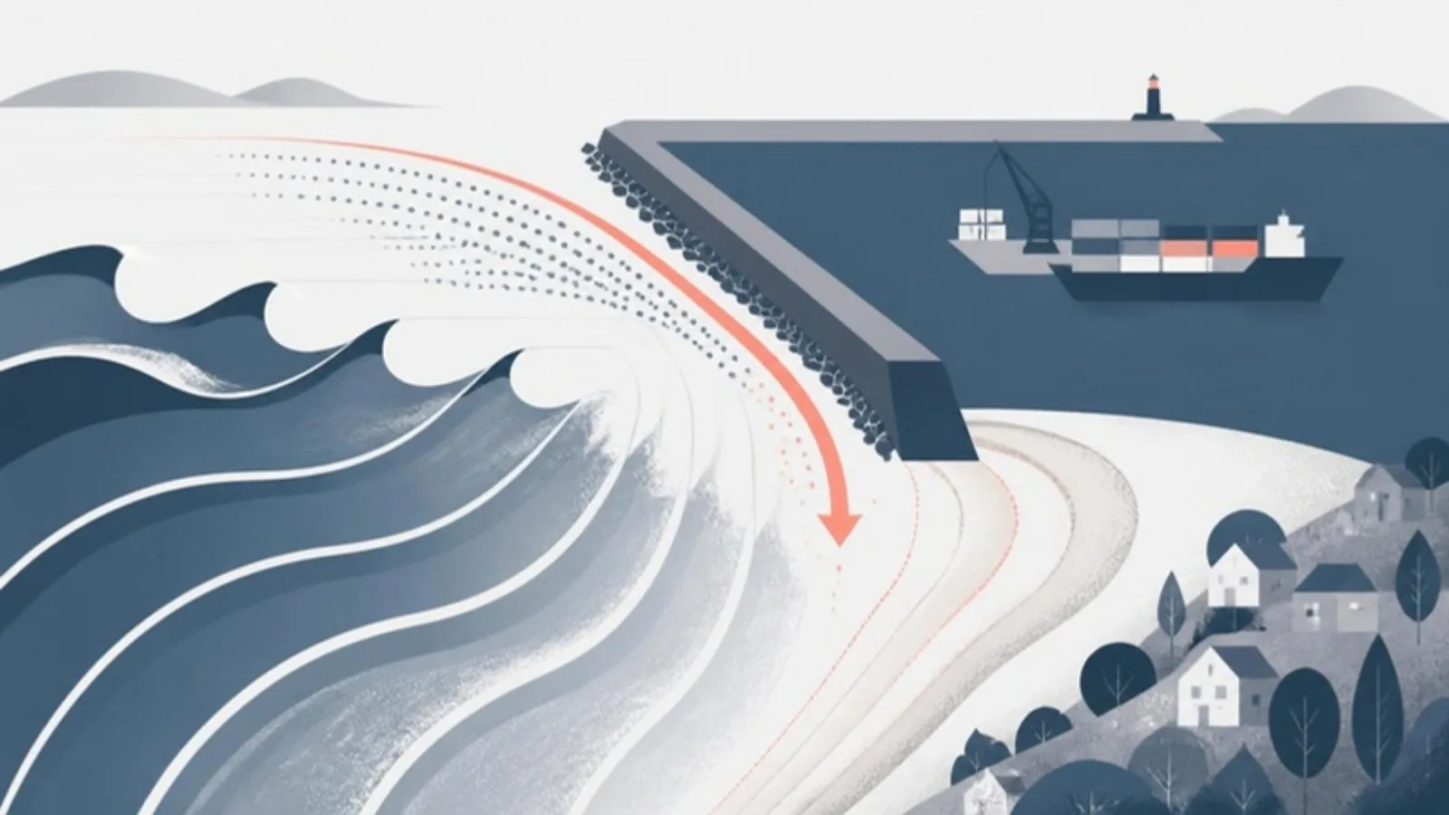 Ilustración editorial abstracta: un dique que desvía la corriente litoral y franjas de arena que menguan en la costa, como evocación de la erosión de las playas del sur.