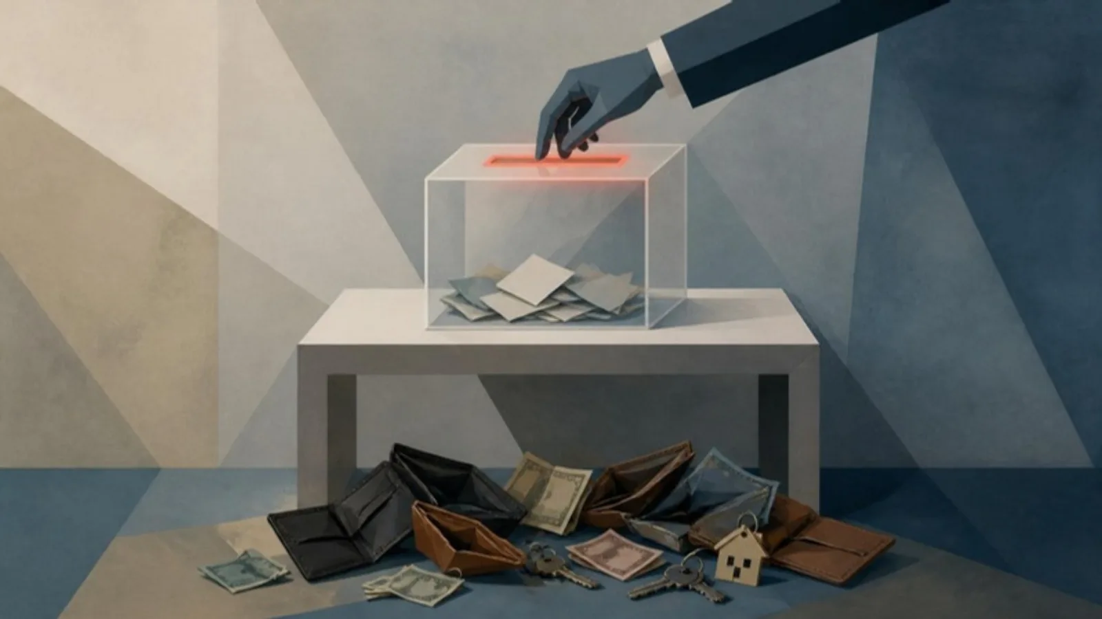Una mano con traje entra por la ranura iluminada en coral de una urna transparente, mientras bajo la mesa se amontonan carteras vacías, llaves de casa y billetes sueltos