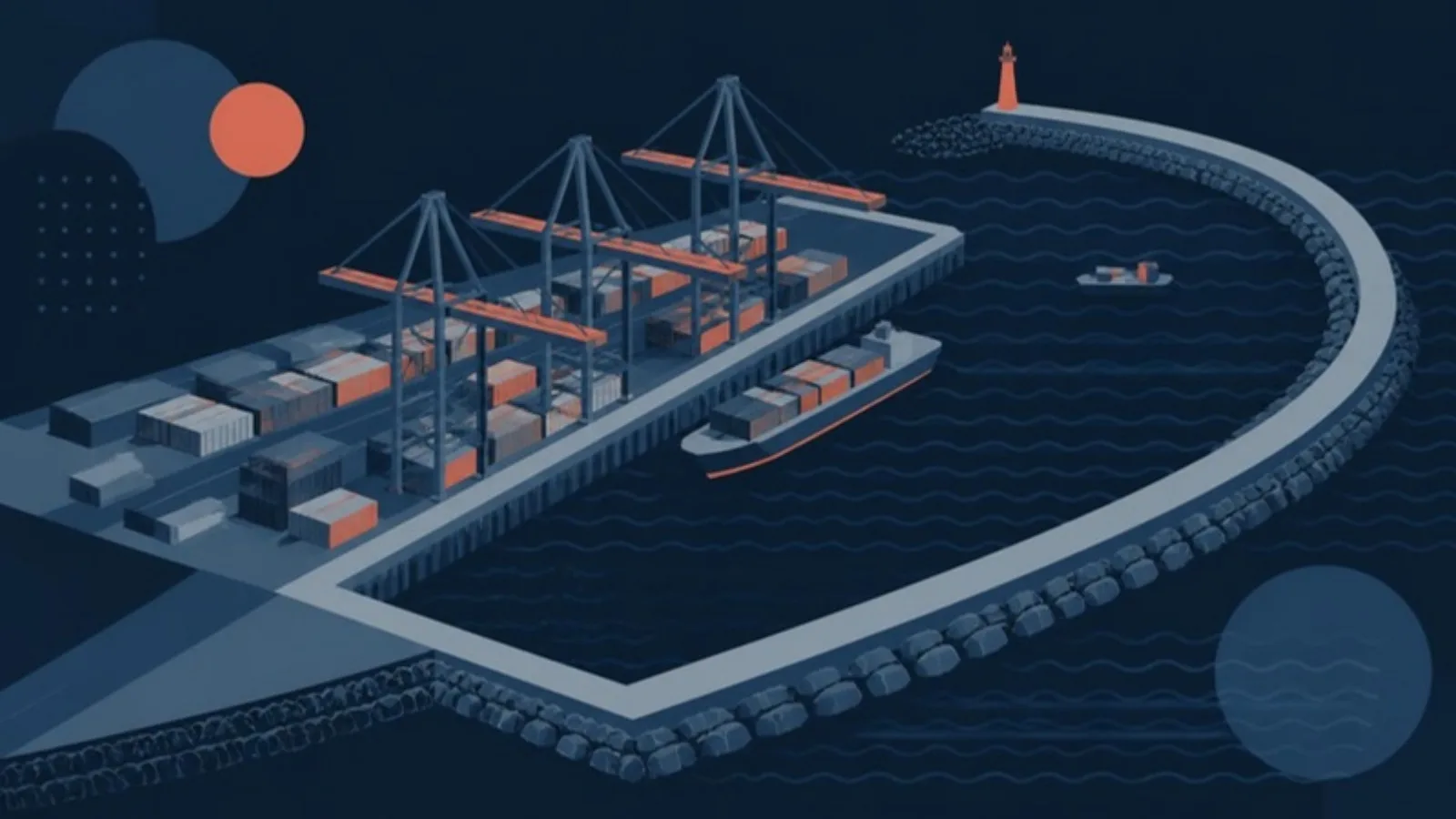 Ilustración editorial abstracta: terminal de contenedores geométrica con grúas y un dique curvo ganado al mar, como evocación de la ampliación norte del puerto de Valencia.