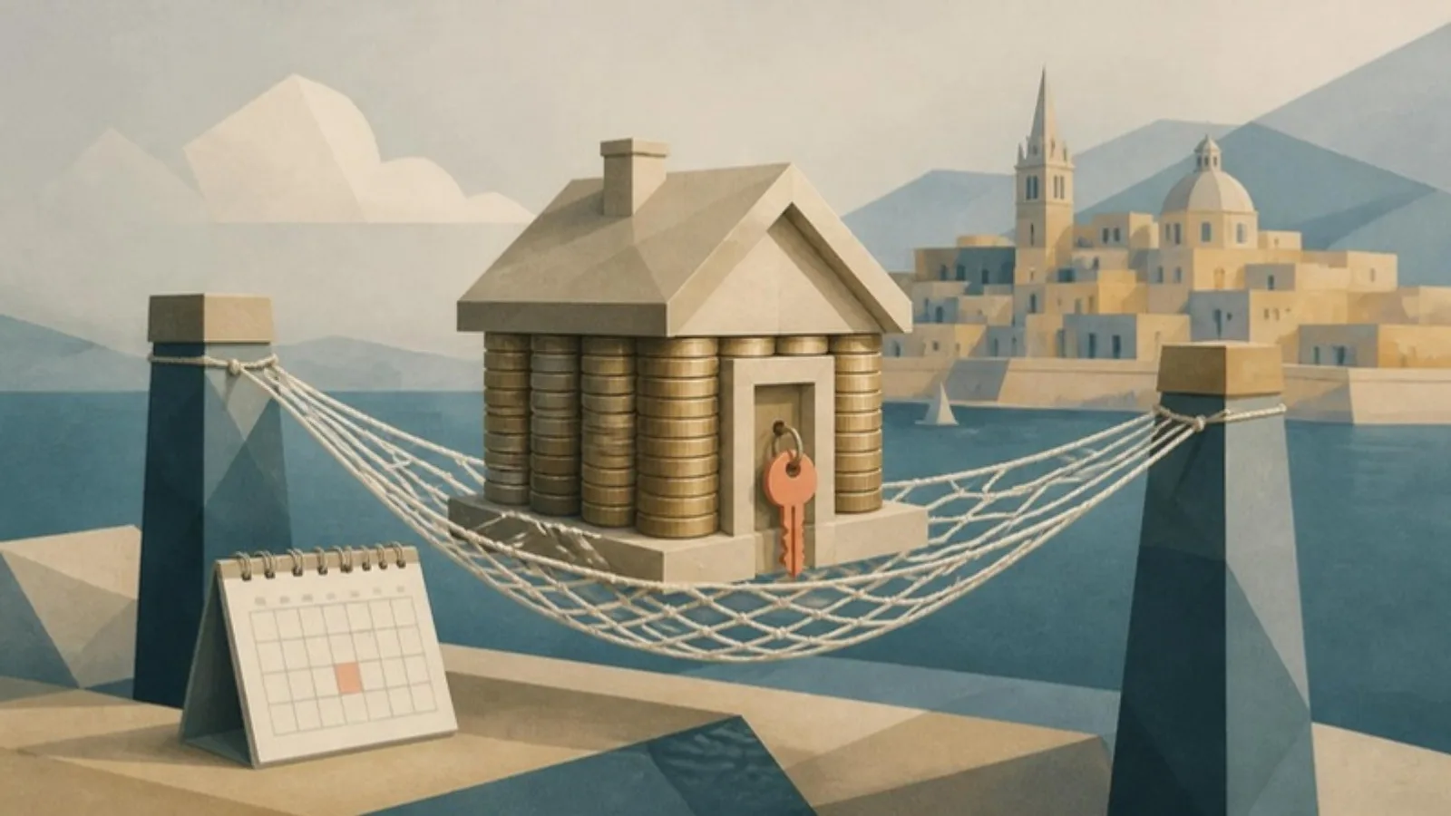 Una casa geométrica hecha de monedas apiladas descansa sobre una red de seguridad tendida entre dos pilares, con una llave coral en la puerta, un calendario y una ciudad mediterránea al fondo