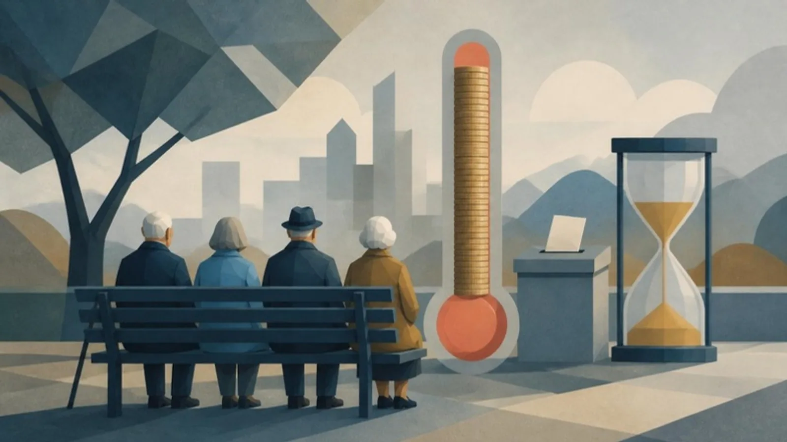 Jubilados de espaldas en un banco junto a una columna de monedas en forma de termómetro, una urna y un reloj de arena