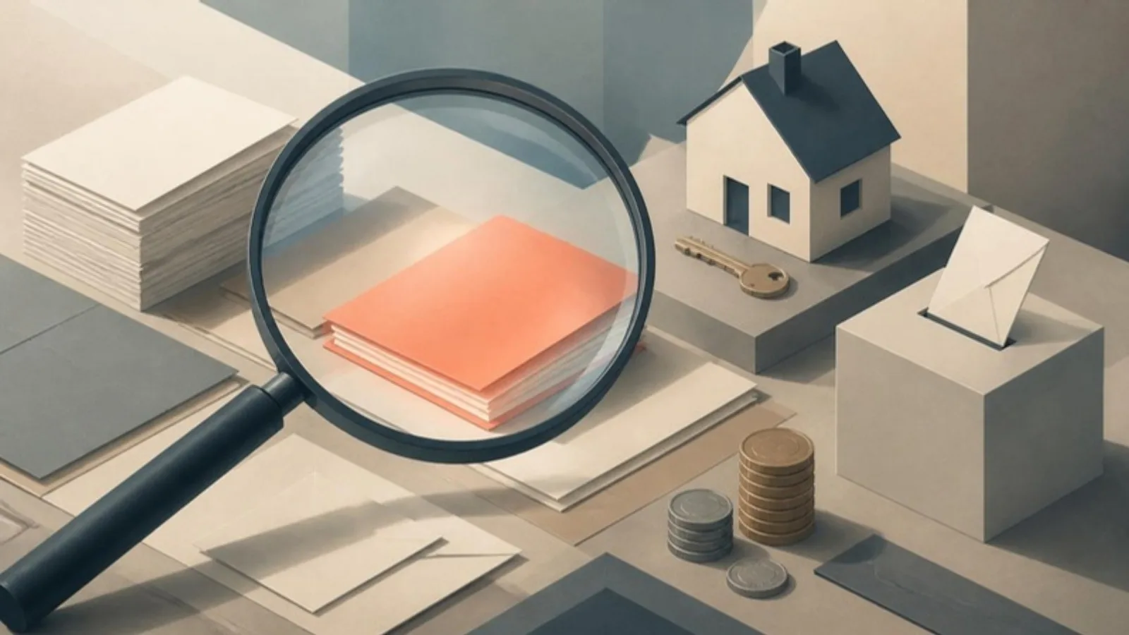Lupa sobre una mesa con documentos apilados, una carpeta coral, una casa en miniatura con su llave, monedas y una urna con un sobre