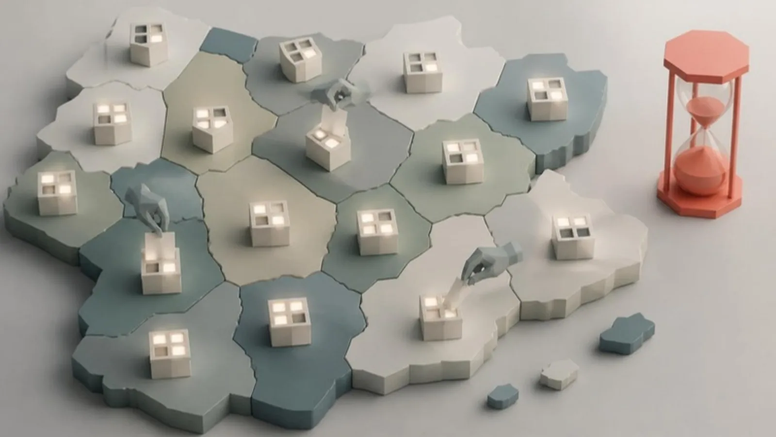 Mapa de provincias hecho de piezas geométricas con una urna de cuatro ranuras en cada una, manos que retiran papeletas en algunas y un reloj de arena coral al borde