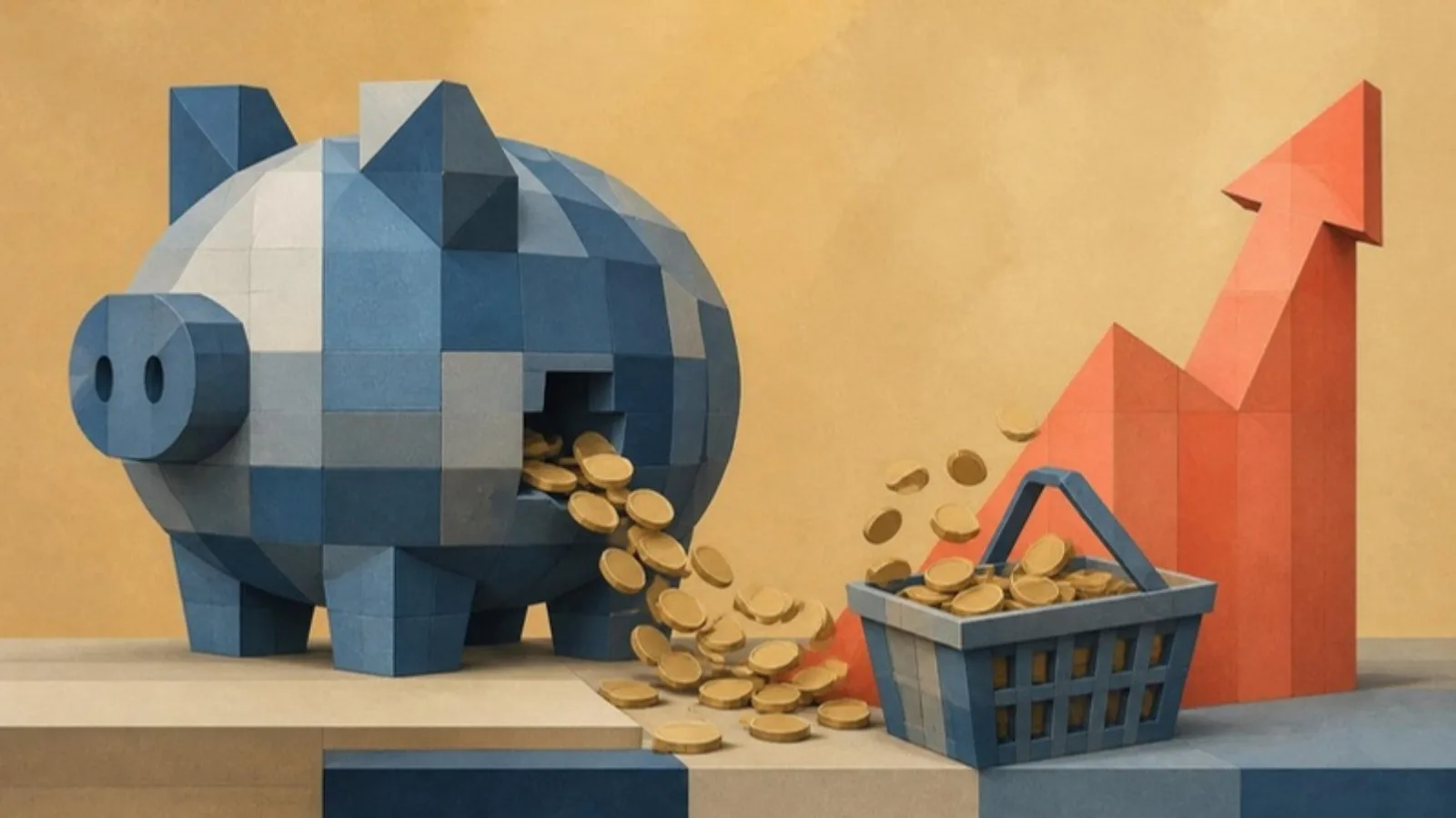 Ilustración editorial: una hucha geométrica en azules y grises se vacía de monedas que caen en una cesta de la compra, junto a una flecha coral ascendente, como evocación de las familias que gastan su ahorro por la inflación.