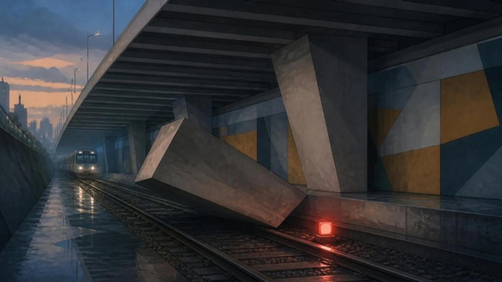 Una vía de tren de cercanías bajo la pérgola de hormigón de una autopista al anochecer, con un bloque de muro caído sobre los raíles y una luz coral de aviso