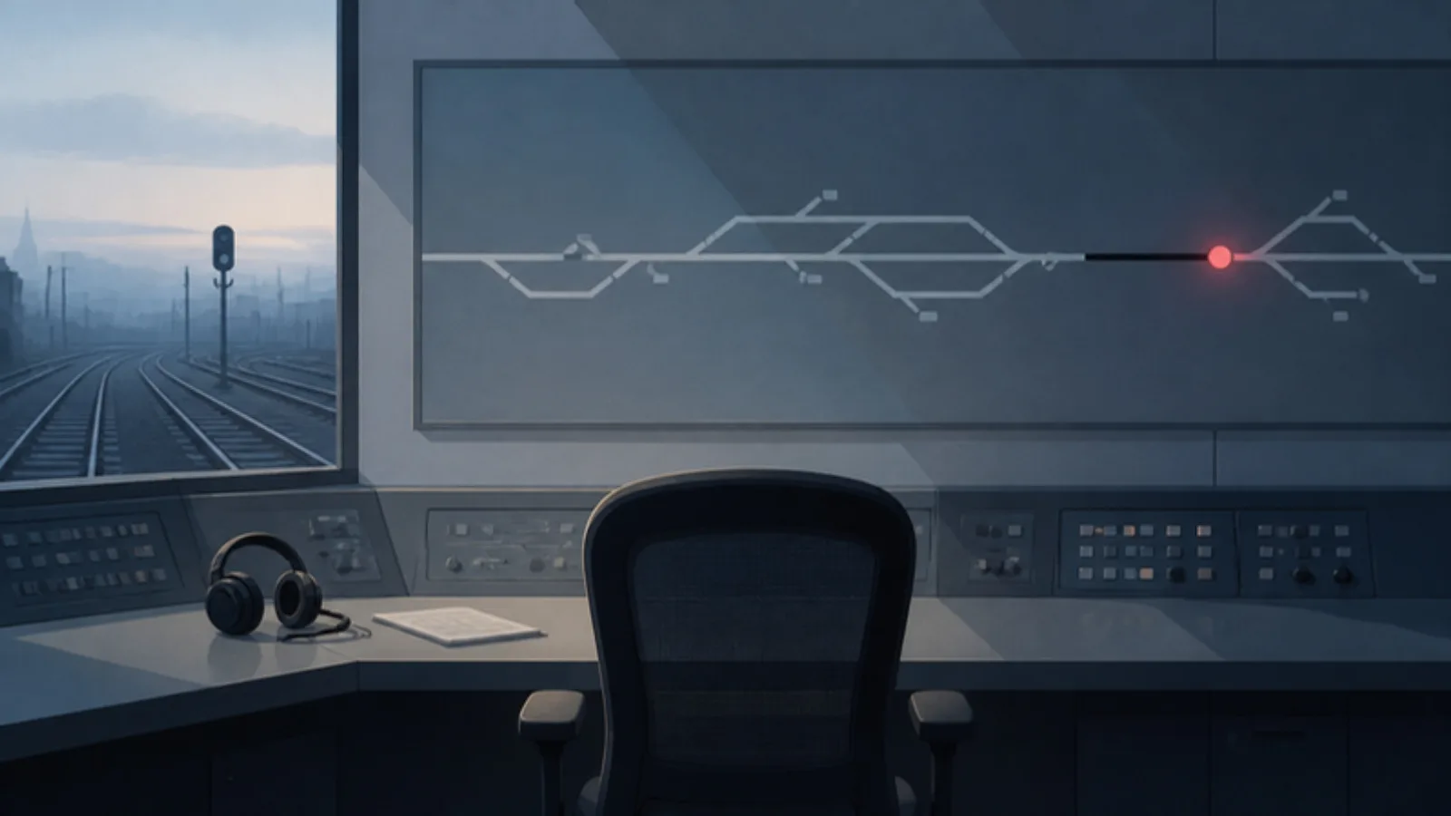 Panel de un centro de control ferroviario visto tras una silla vacía, con un tramo de vía apagado en la pantalla, una única señal en rojo coral y unos auriculares sobre la mesa