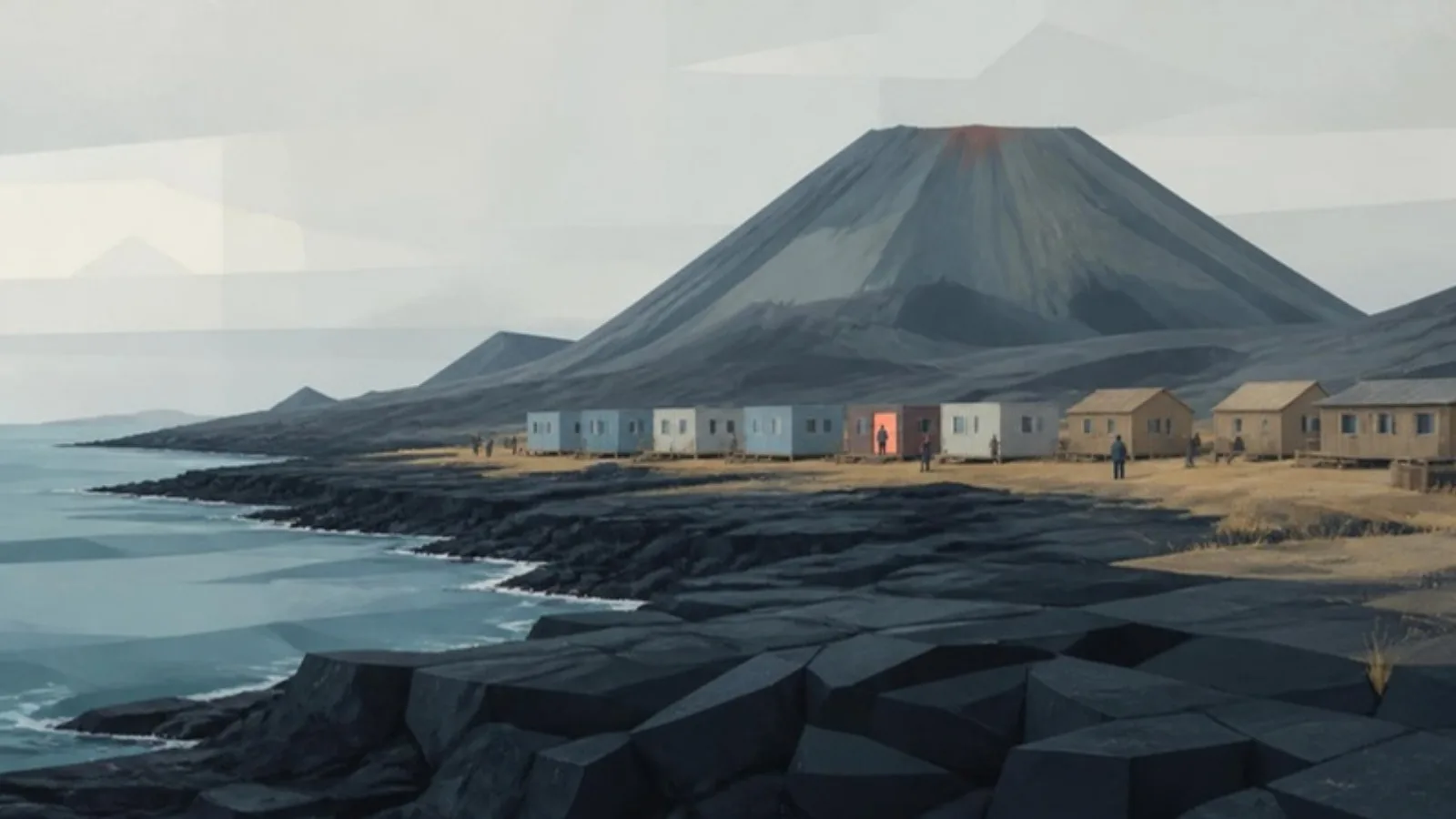 Un volcán apagado sobre coladas de lava negra que llegan al mar y, a su pie, una hilera de viviendas modulares y casas de madera con una puerta coral iluminada