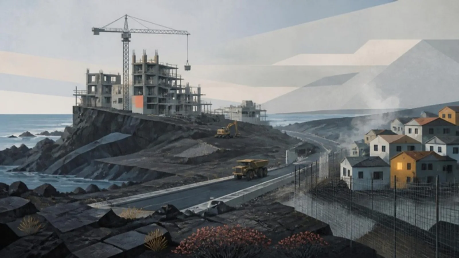 Un edificio de viviendas en obras con una grúa sobre campos de lava, una carretera nueva que cruza la colada y un pueblo costero vallado entre restos de gases